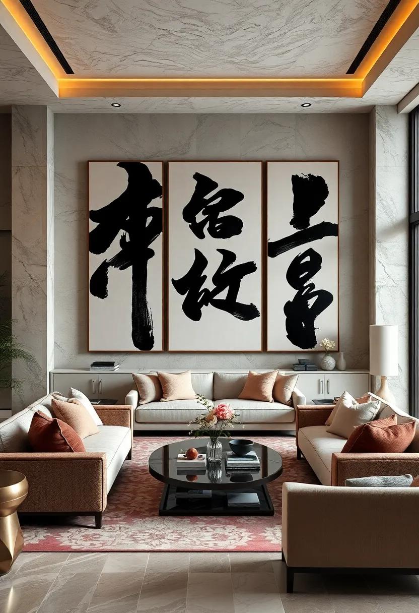 Sophisticated Reading Nooks Featuring Oversized Calligraphic Artworks In Fluid Black Ink Strokes