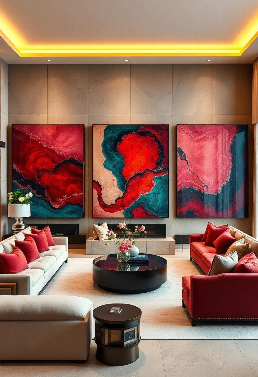 Warm Lighting Highlighting Massive Contemporary Art Pieces In Rich Jewel Tones And Glossy Finishes