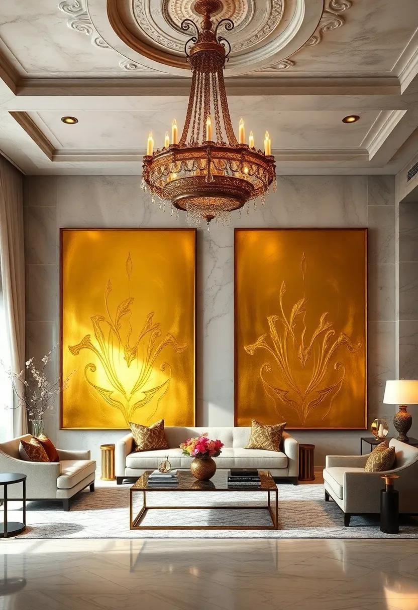 Ornate Chandeliers Casting Light Upon Giant Gold Leaf Art Panels Evoking Renaissance Grandeur