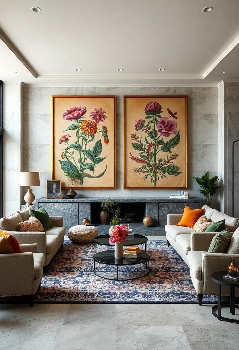 Victorian Style Living Rooms Accented With Giant Vintage Botanical Posters In Muted Earth Tones