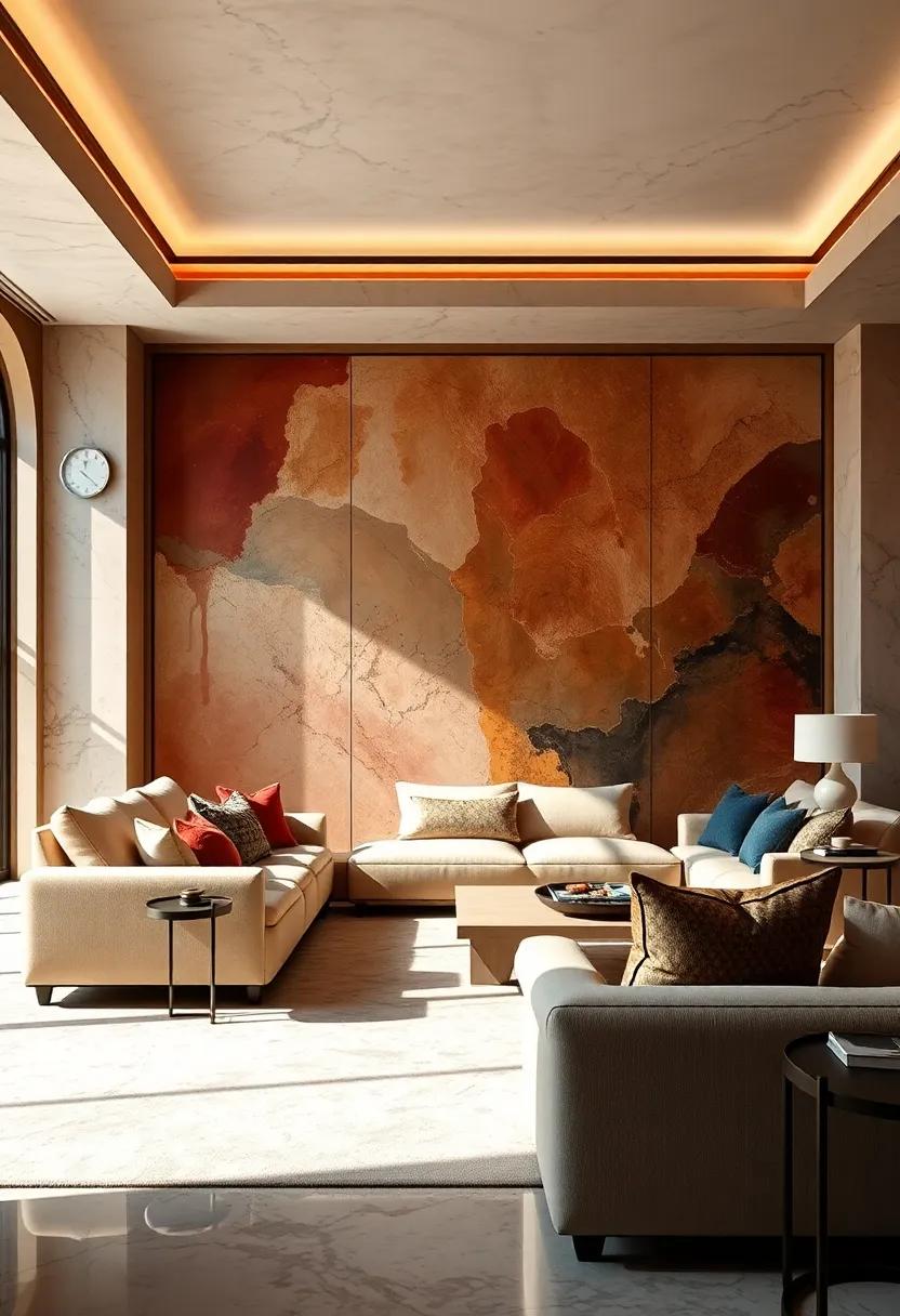 Luxurious Sofas Paired With Giant, Textured Wall Murals That Blend Classic Elegance And Modern Flair