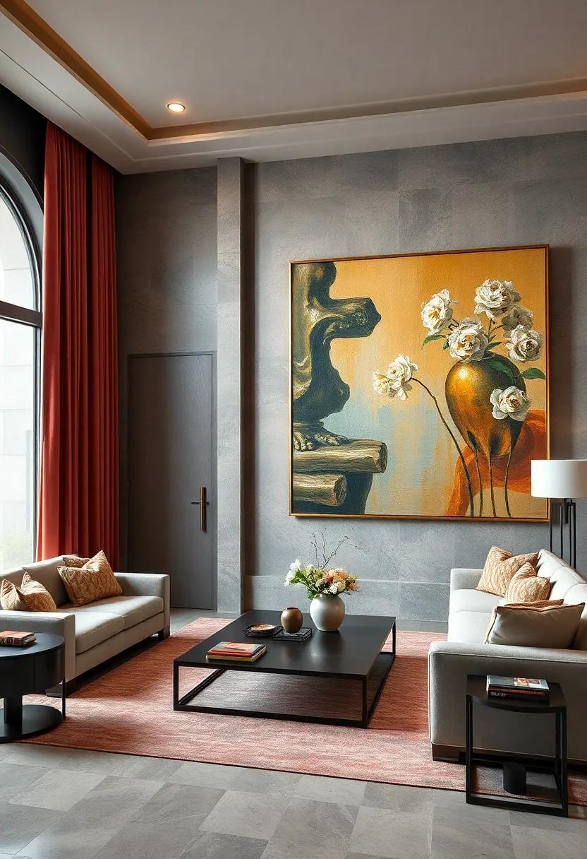 Velvet Drapes Complementing Oversized Impressionist Paintings For Dramatic Yet Inviting Ambiance