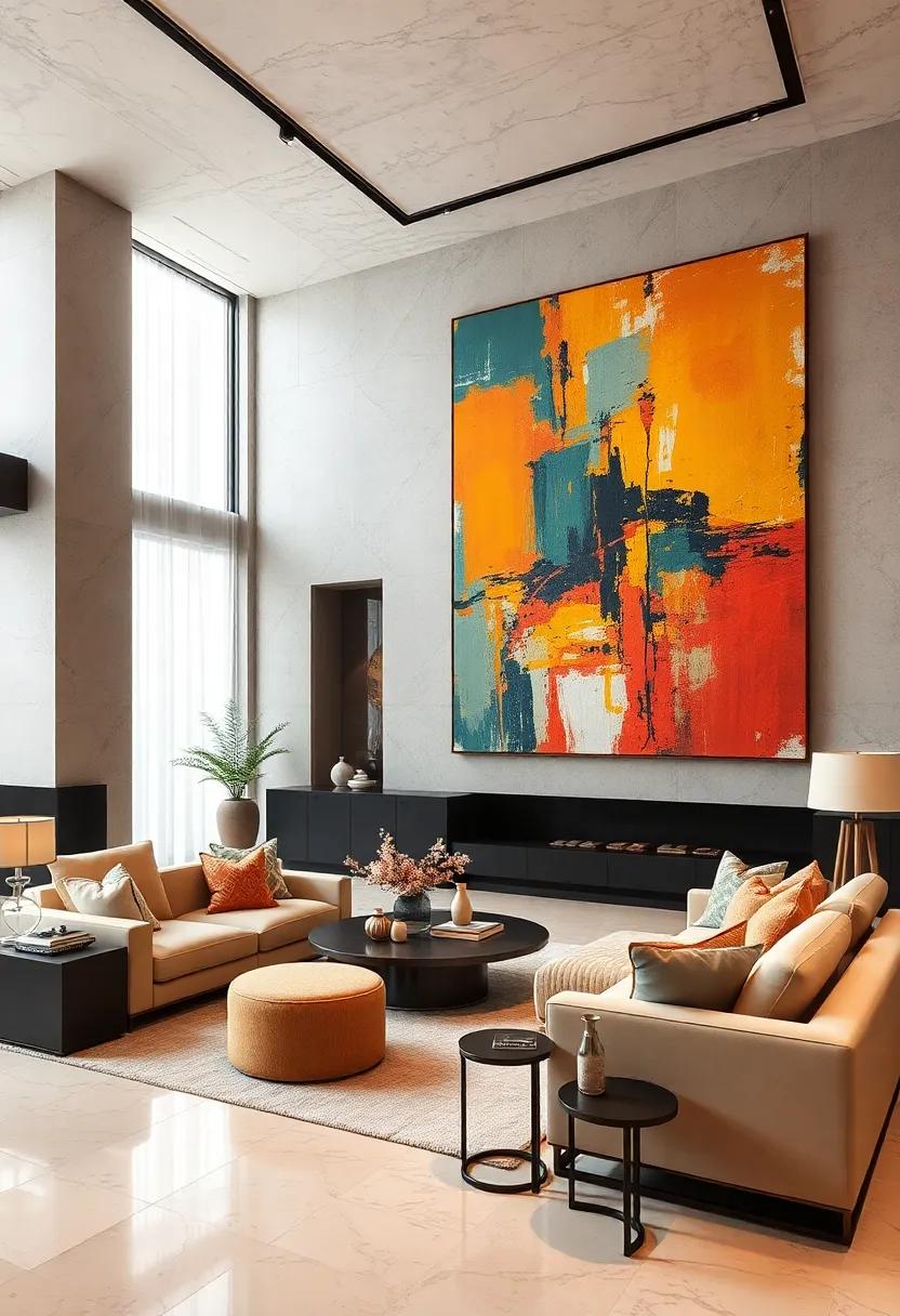 Chic Neutral Palettes Enhanced By Towering Vibrant Expressionist Works To Balance Calm And Drama
