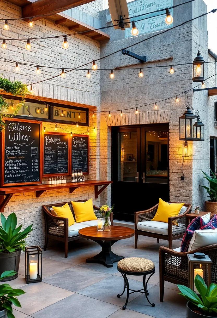 Accenting Chalkboard Menus with String Lights and Lanterns for Evening Charm