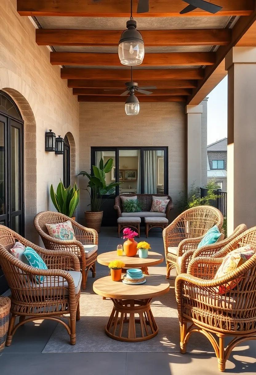 Bohemian Wicker Chairs and Tables with Colorful Patterns and Eclectic Accessories on a Rooftop Patio