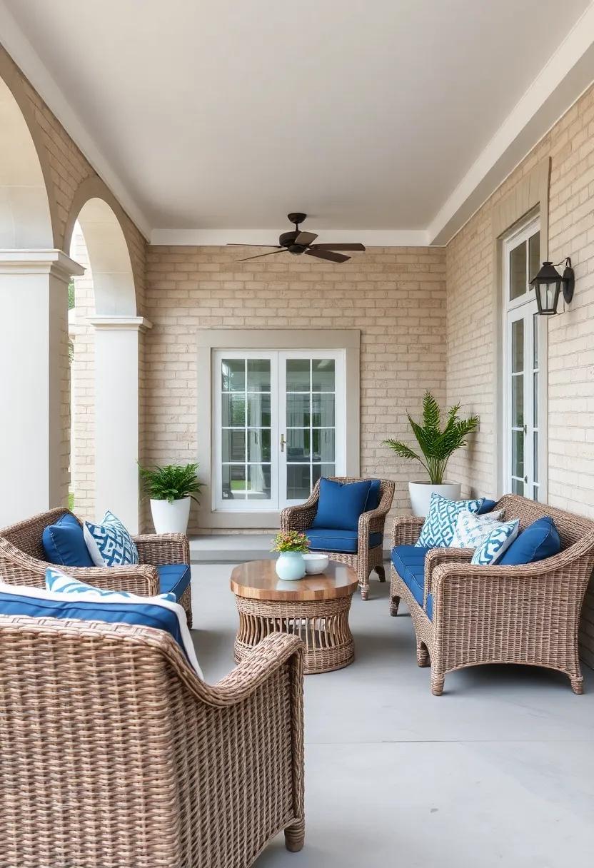 Casual Coastal Style Wicker Seating Groups with Navy Blue Cushions and Nautical Decor Accents
