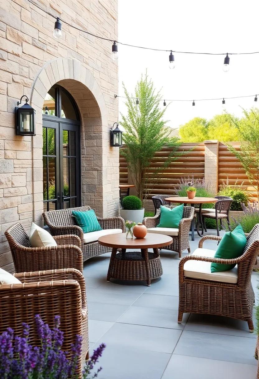 Casual Picnic Areas with Wicker Benches and Picnic Tables Nestled Among Lavender and Herb Gardens