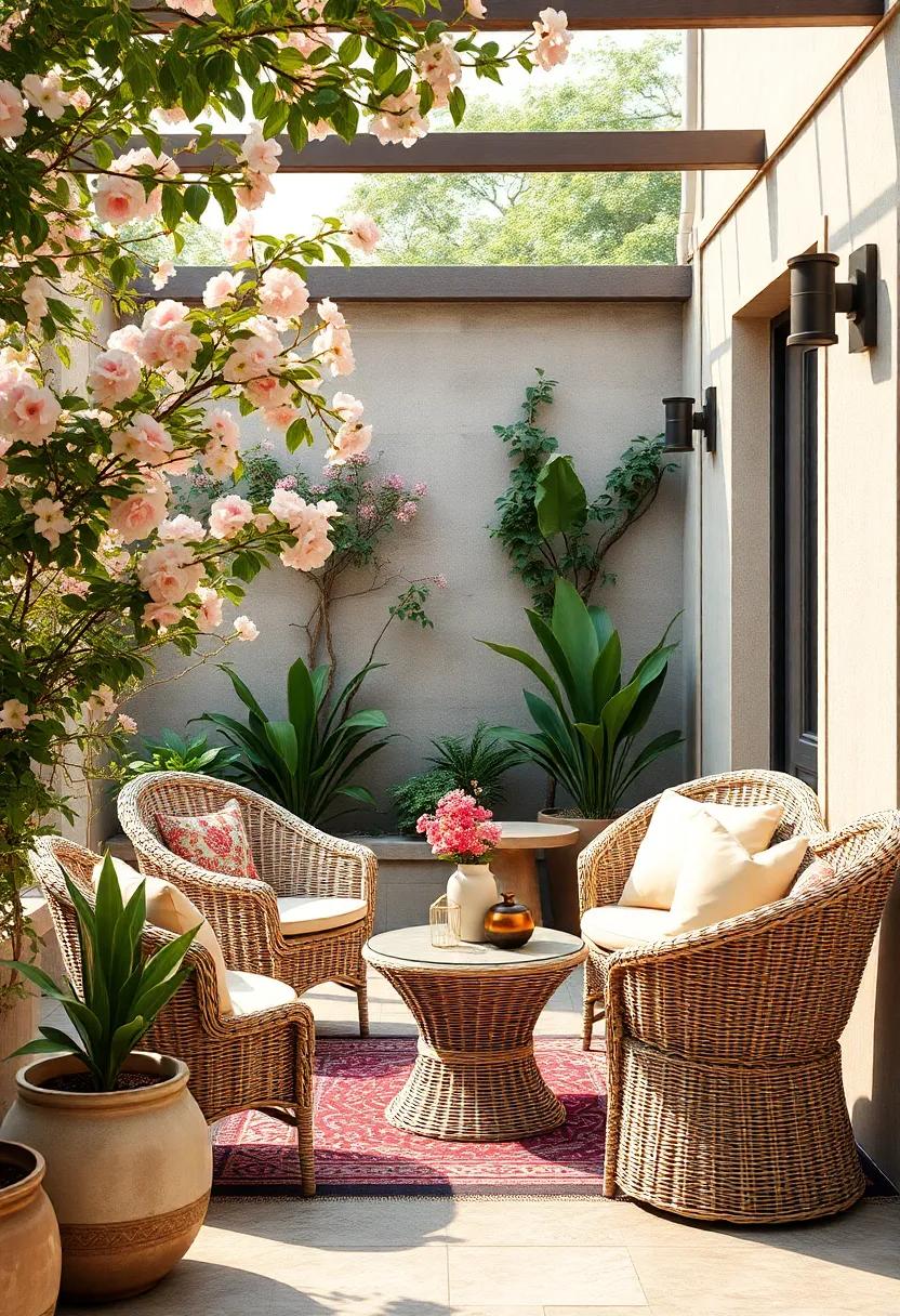 Compact Wicker Bistro Sets Nestled in a Blossoming Garden Nook Perfect for Intimate Conversations