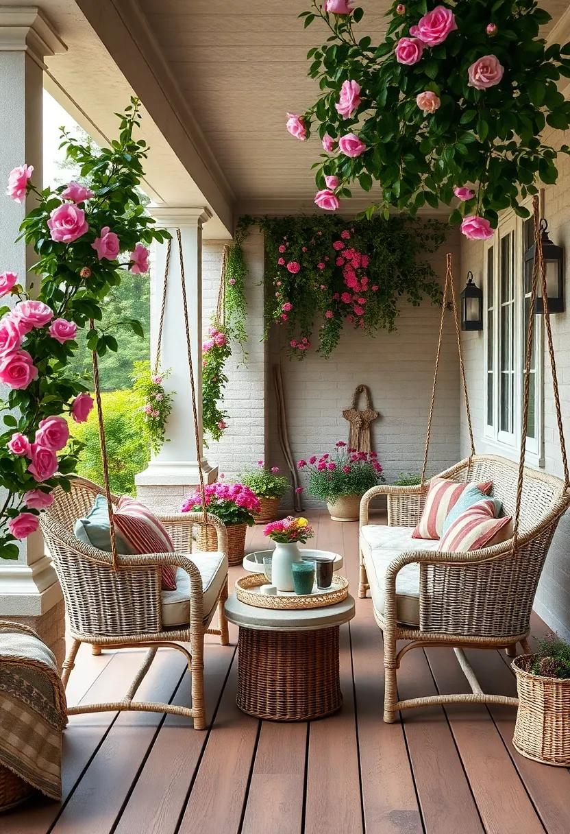 Country Charm Wicker Porch Swings Framed by Climbing Roses and Rustic Wooden Floors