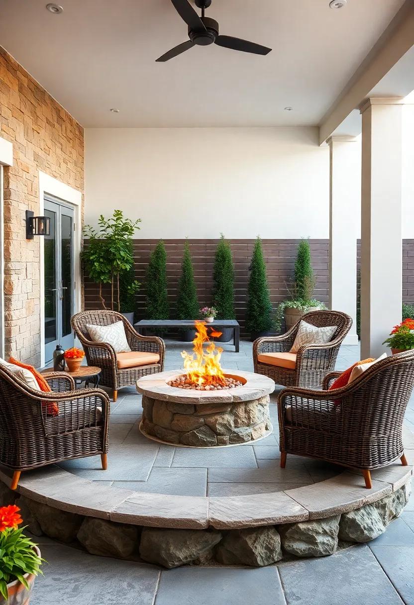 Cozy Fire Pit Area Highlighting Earthy Toned Wicker Armchairs Around a Stone Ringed Hearth