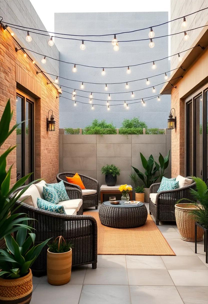 Creating Cozy Outdoor Corners with Soft Cushioned Wicker Seating Under Ambient String Lights