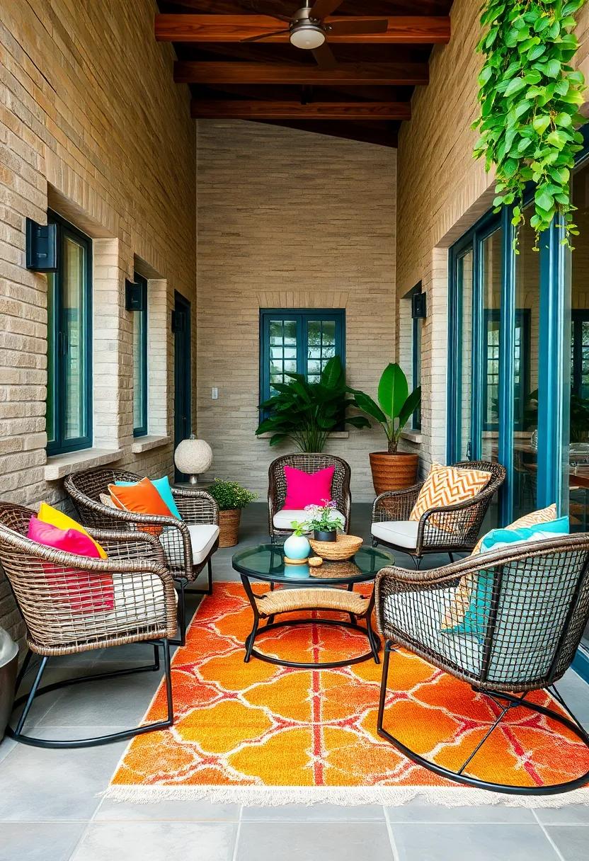 Eclectic Mix of Wicker and Metal Furniture Featuring Bright Cushions and Funky Geometric Rugs