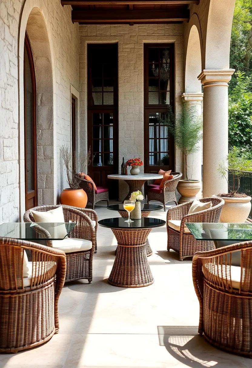 Elegant Glass-topped Wicker Tables Flanked by Barrel-shaped Wicker Chairs in a Mediterranean Style