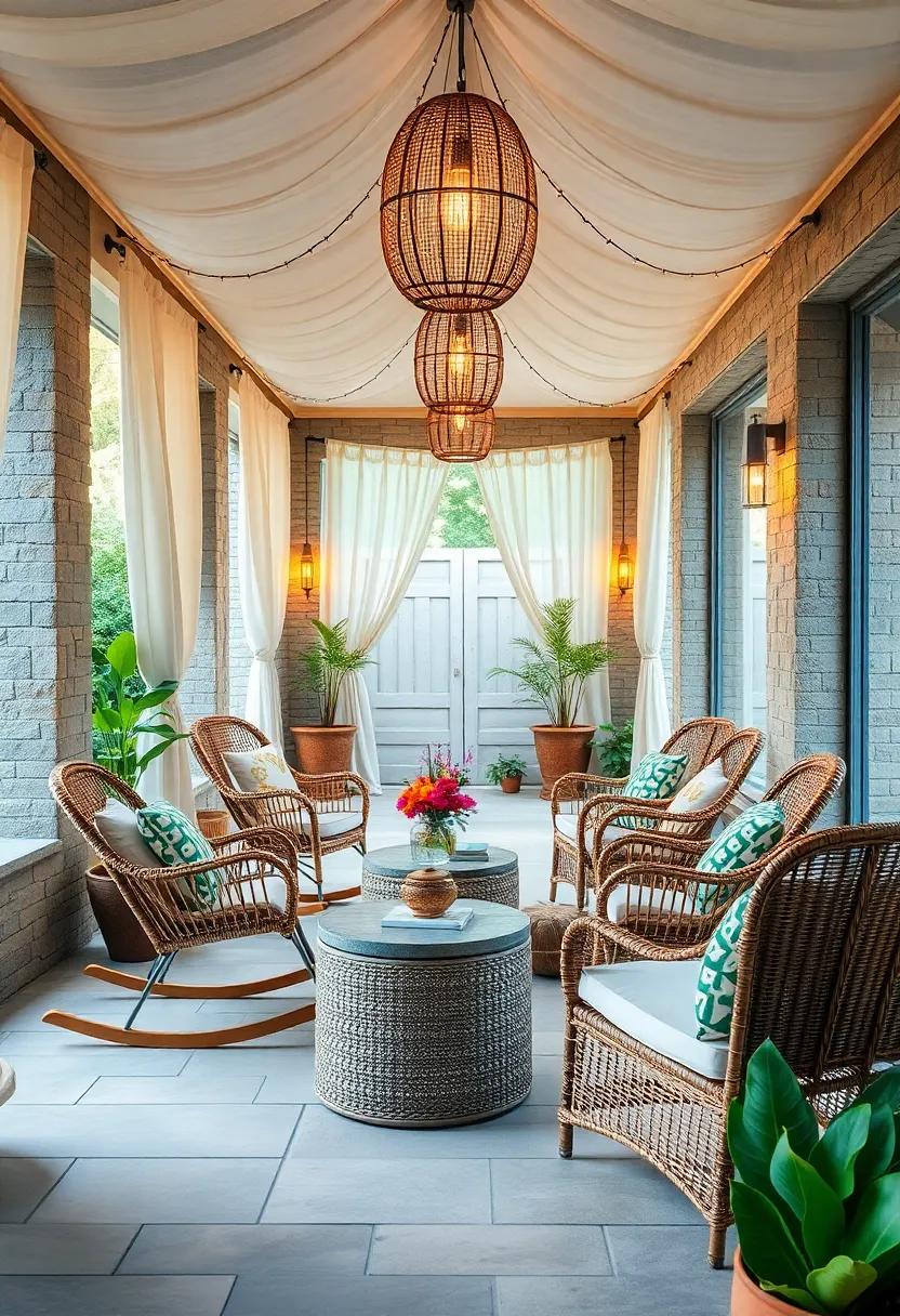 Enclosed Patio Spaces Combining Wicker Rocking Chairs with Heavy Drapes and String Lanterns