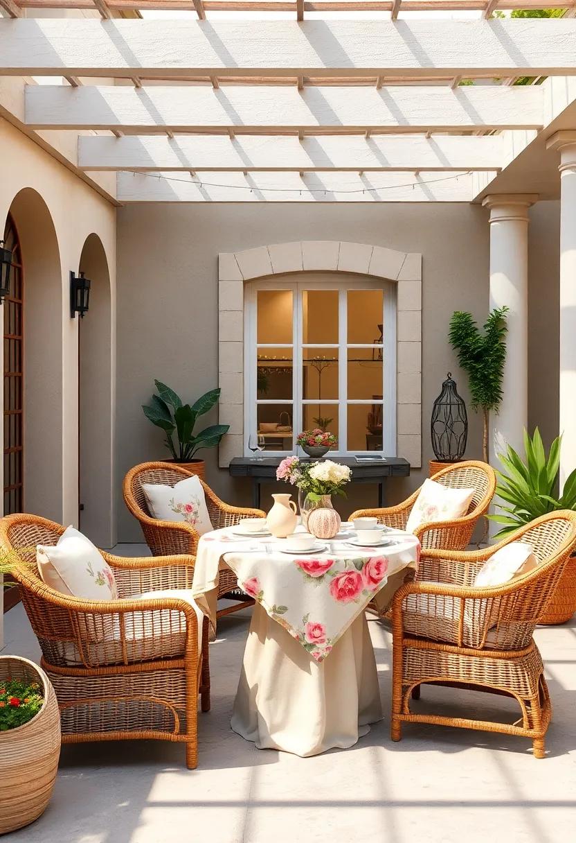 Garden Party Ready Wicker Dining Areas Set with Floral Tablecloths and Delicate Ceramic Dishes
