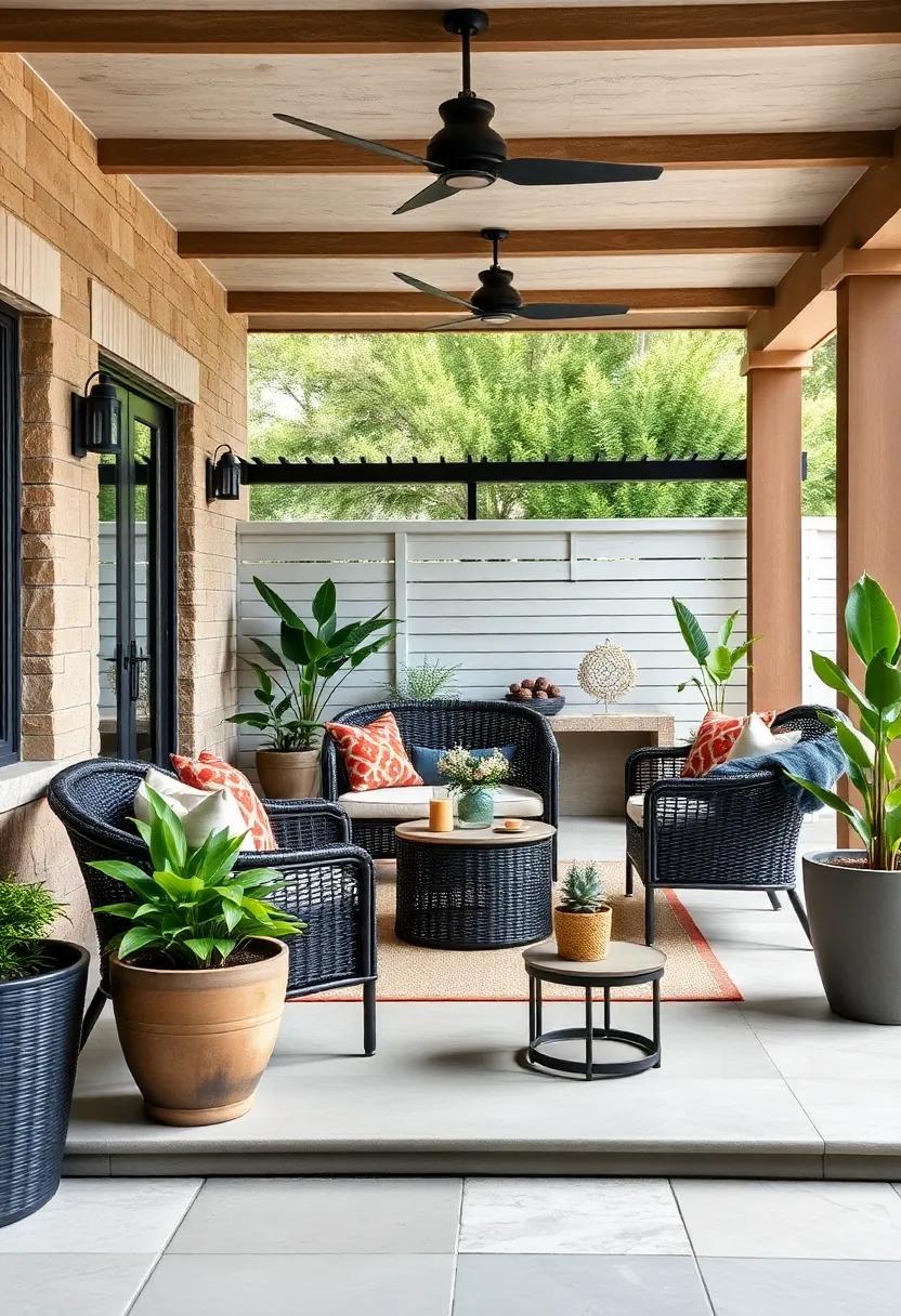 Industrial Edge Patio with Black Wicker Furniture Paired with Concrete Planters and Metal Side Tables