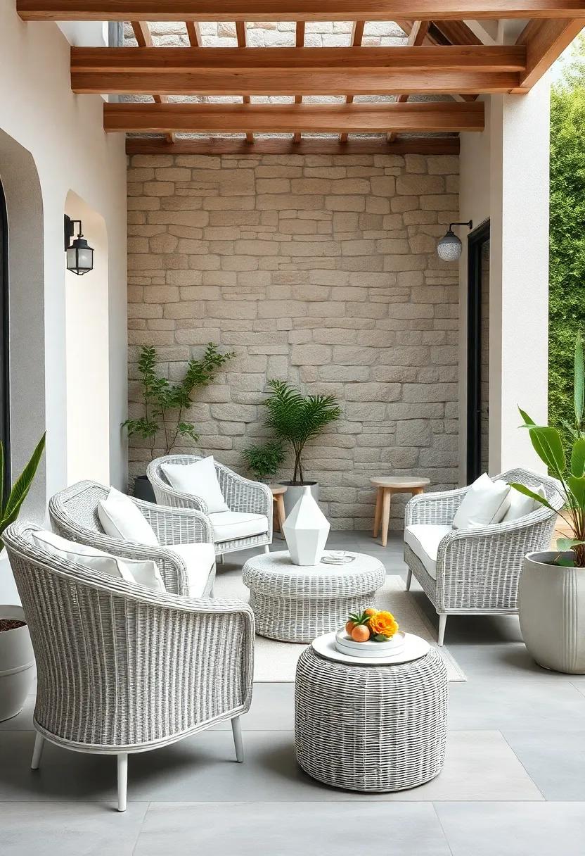 Minimalist All-White Wicker Arrangements Featuring Sleek Lines and Clean Design Against a Stone Wall