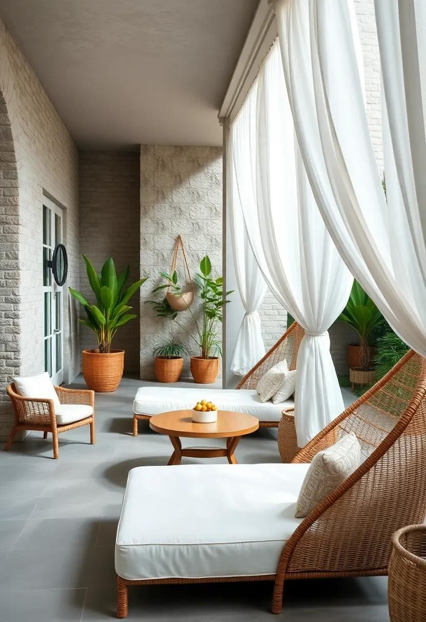 Modern Wicker Daybeds with Lightweight Frames and Flowing White Curtains for a Beachside Vibe