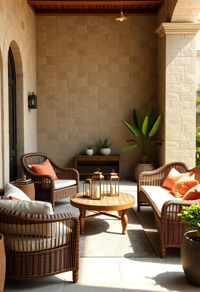 Natural Brown Wicker Loveseats Positioned Around a Small, Low Wooden Coffee Table with Lanterns