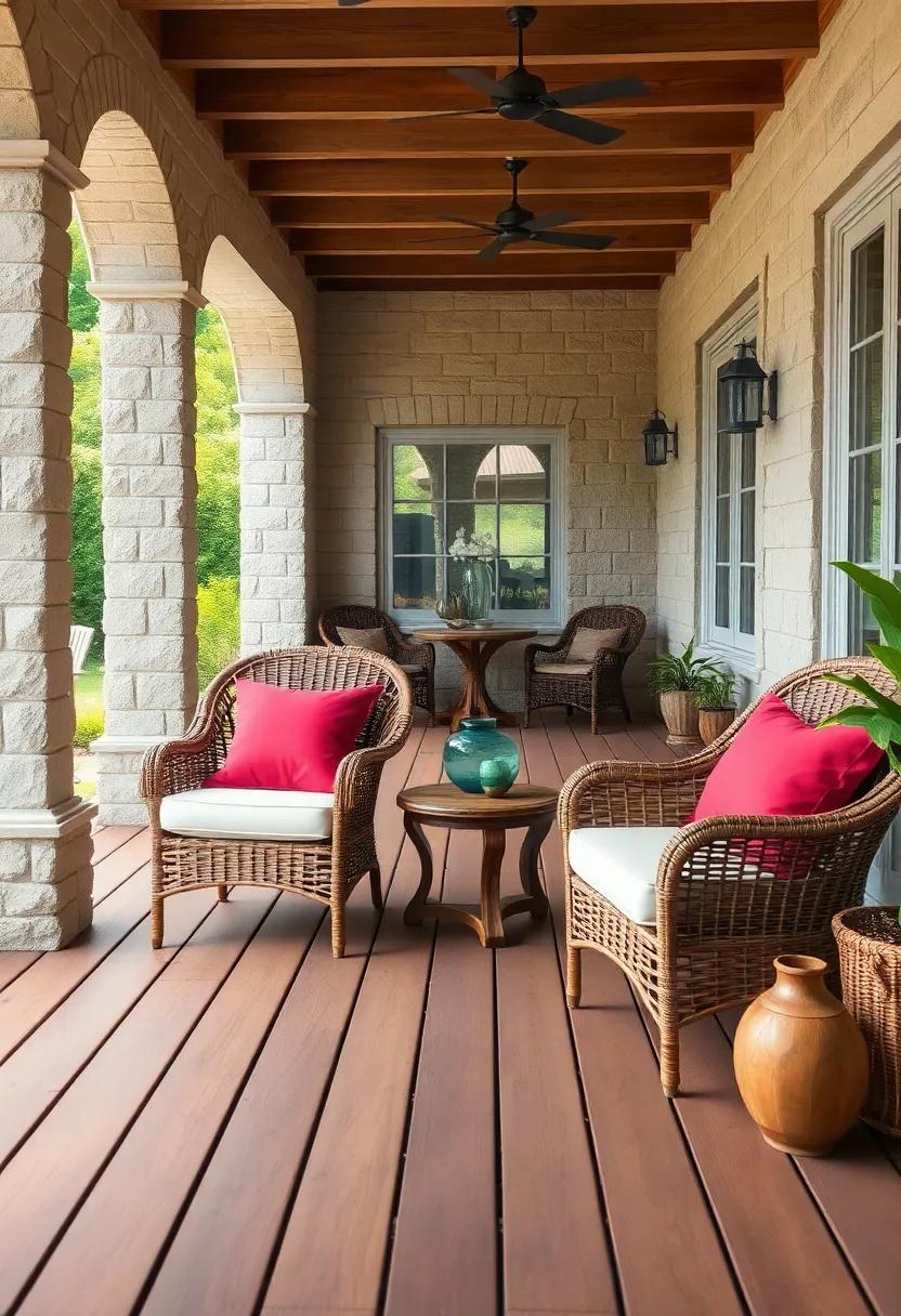 Rustic Wicker Lounge Chairs Paired with Vibrant Throw Pillows on a Wooden Deck