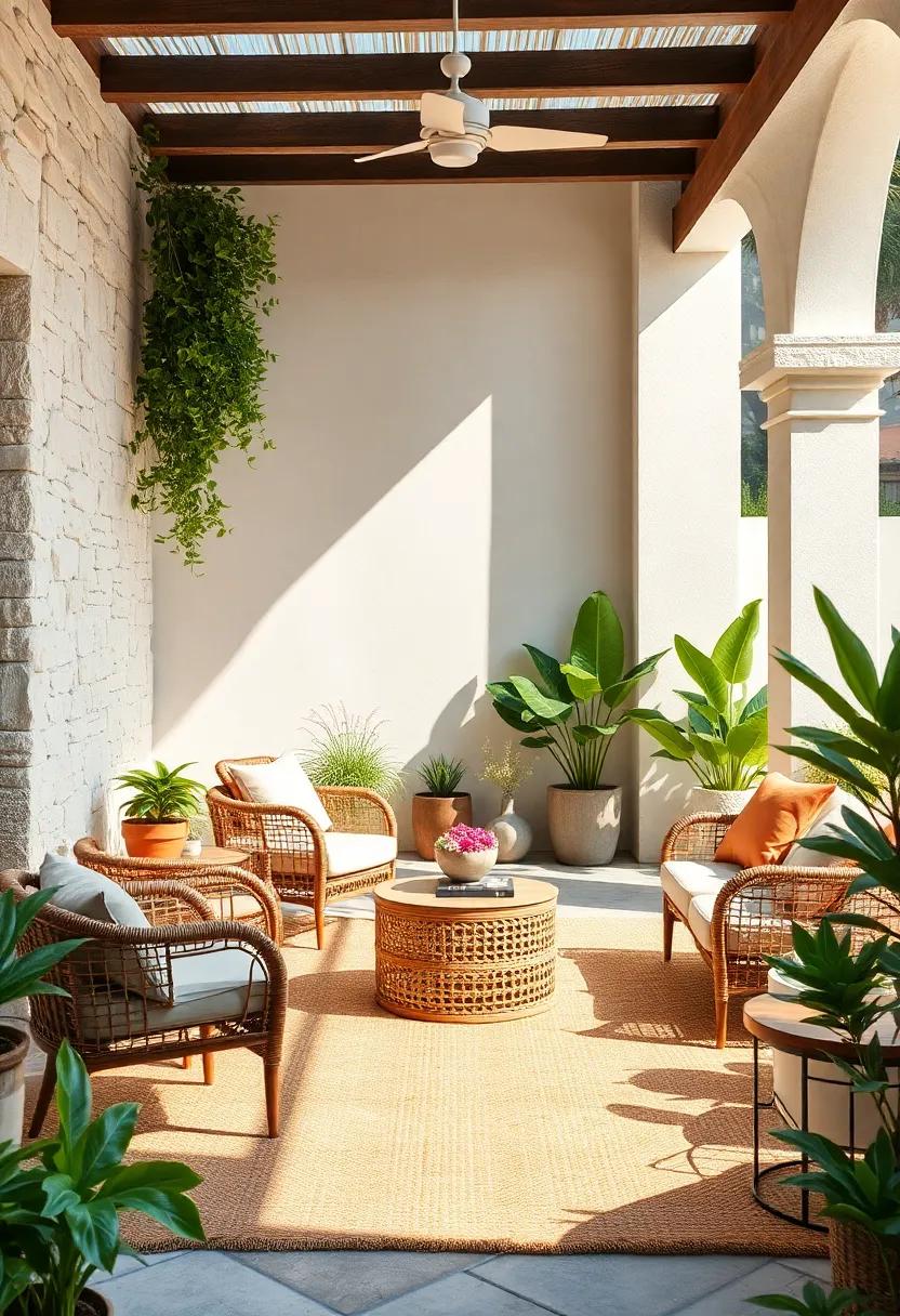 Sun-Drenched Patio Corners with Wicker Armchairs, Soft Rugs, and Lots of Indoor-Outdoor Plants