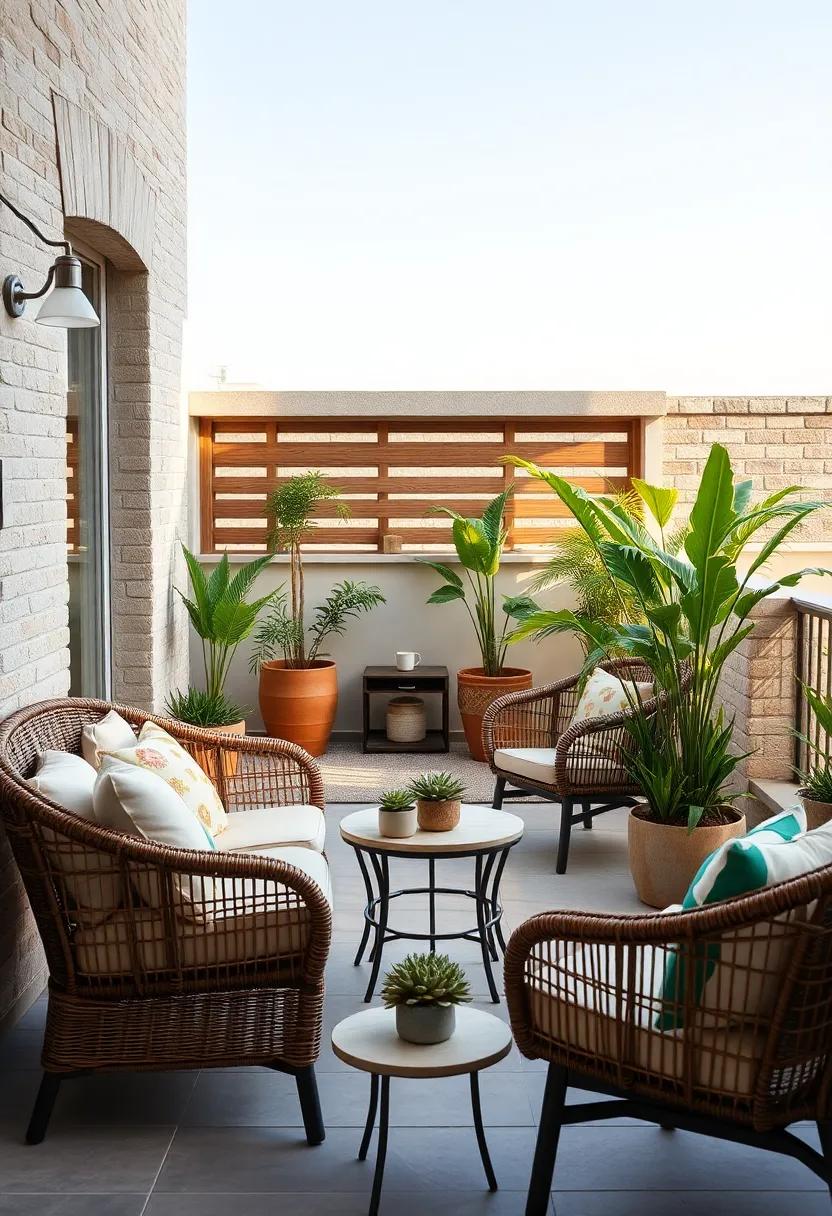 Sunny Balcony Spaces Featuring Compact Wicker Chairs and Small Coffee Tables with Succulent Plants