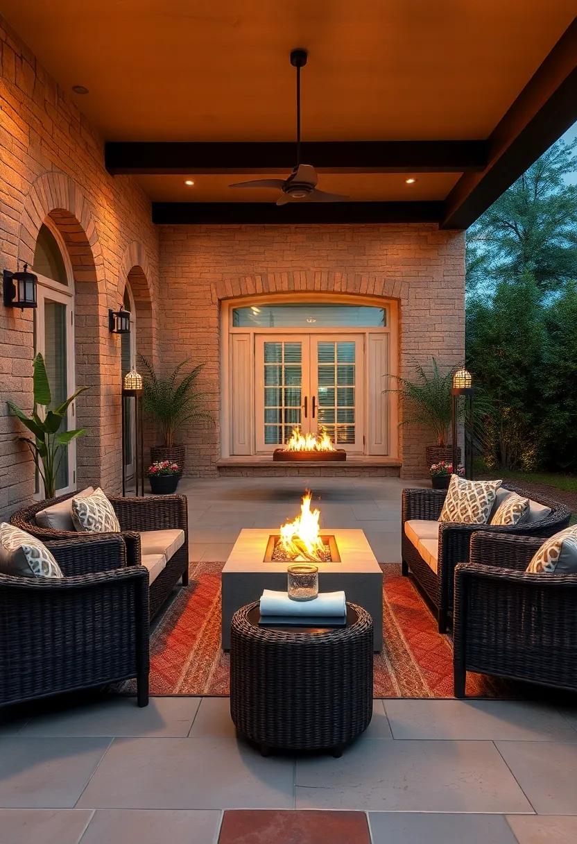 Traditional Dark Brown Wicker Sofas Arranged Around a Fire Pit Glow for Evening Relaxation