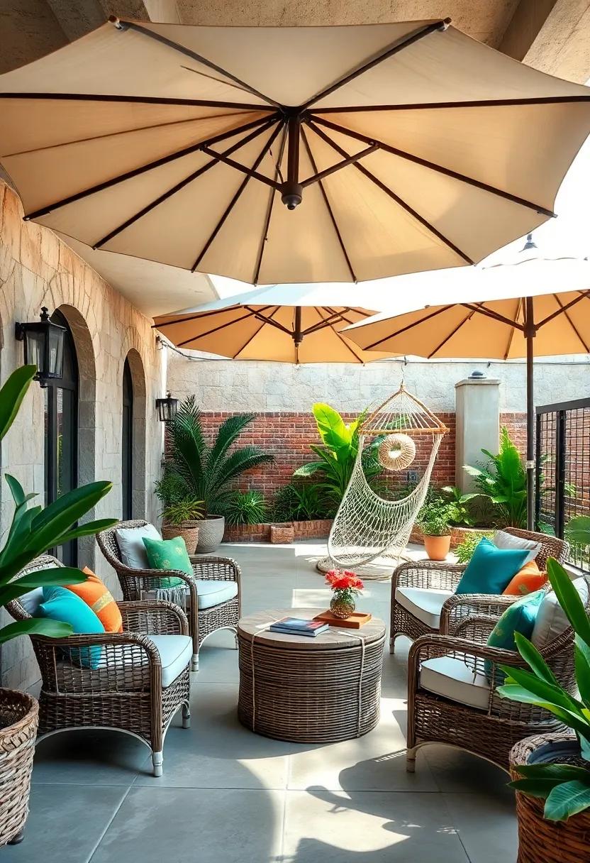 Tropical Patio Settings Showcasing Wicker Chairs and Hammocks Under Wide Leaf Umbrellas