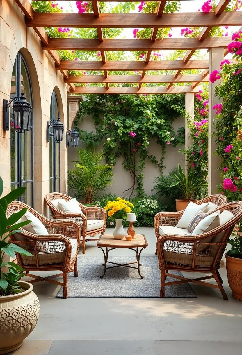 Victorian Inspired Wicker Furniture with Curved Armrests Set Amidst Flowering Trellises