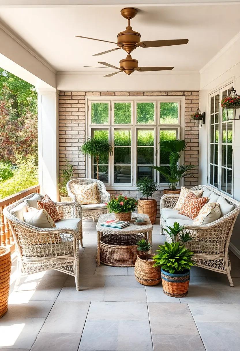 Vintage Sunroom Styled with Whitewashed Wicker Sofas, Rattan Baskets, and Potted Plants