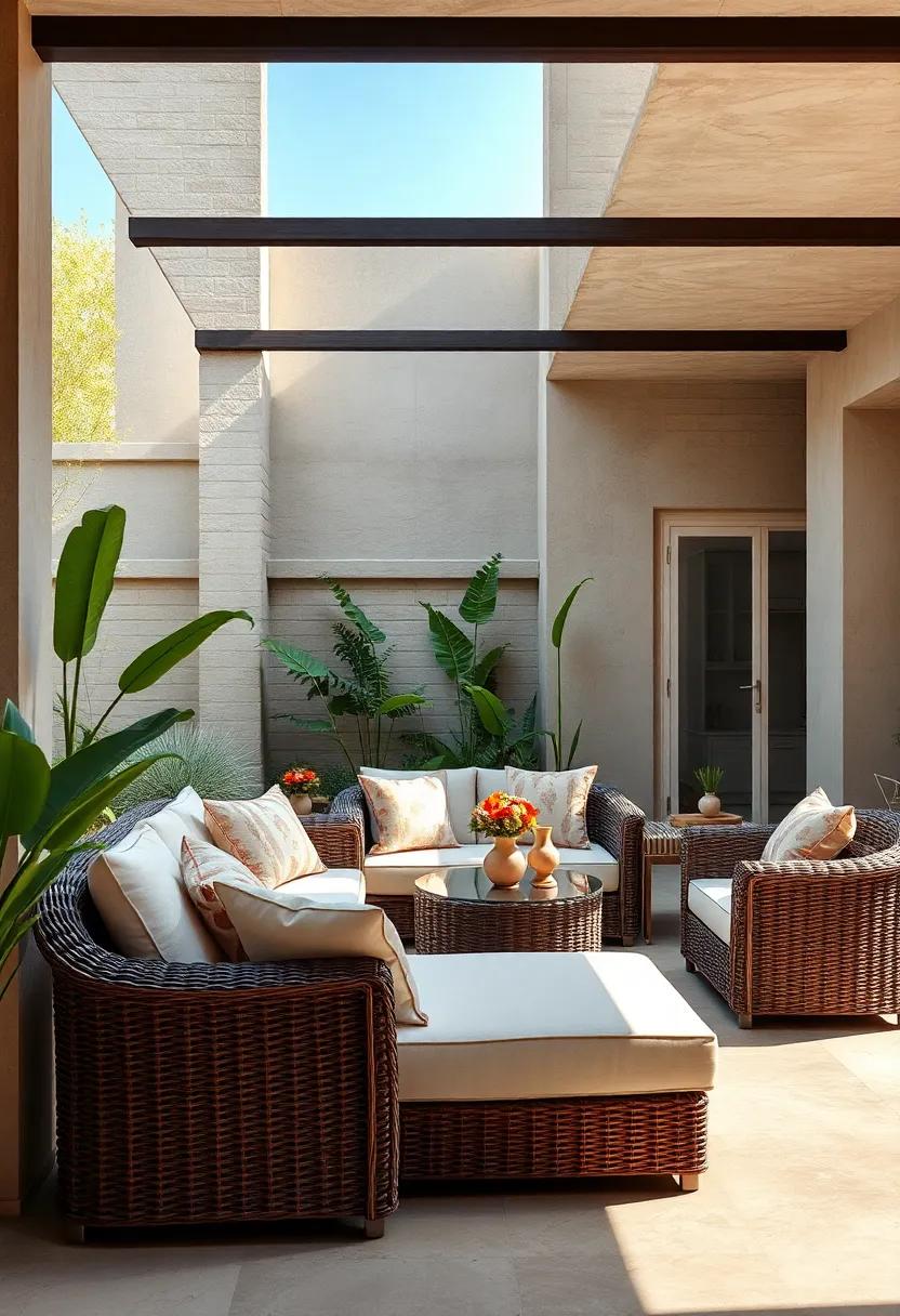 Wicker Sectional Sofas Shaped to Create a Social Lounge Area with Neutral Earth Tones