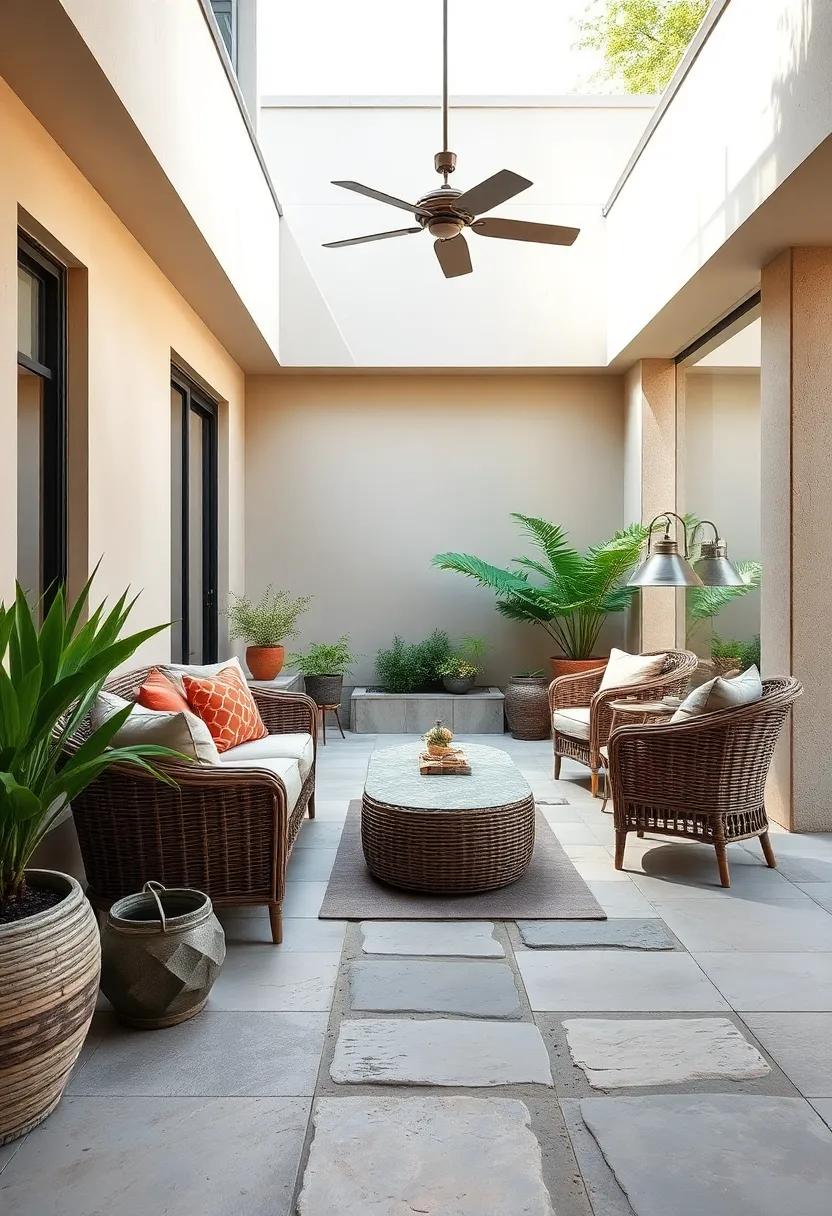 Zen Inspired Wicker Seating with Bamboo Accents and Stone Pathways Creating a Tranquil Hideaway