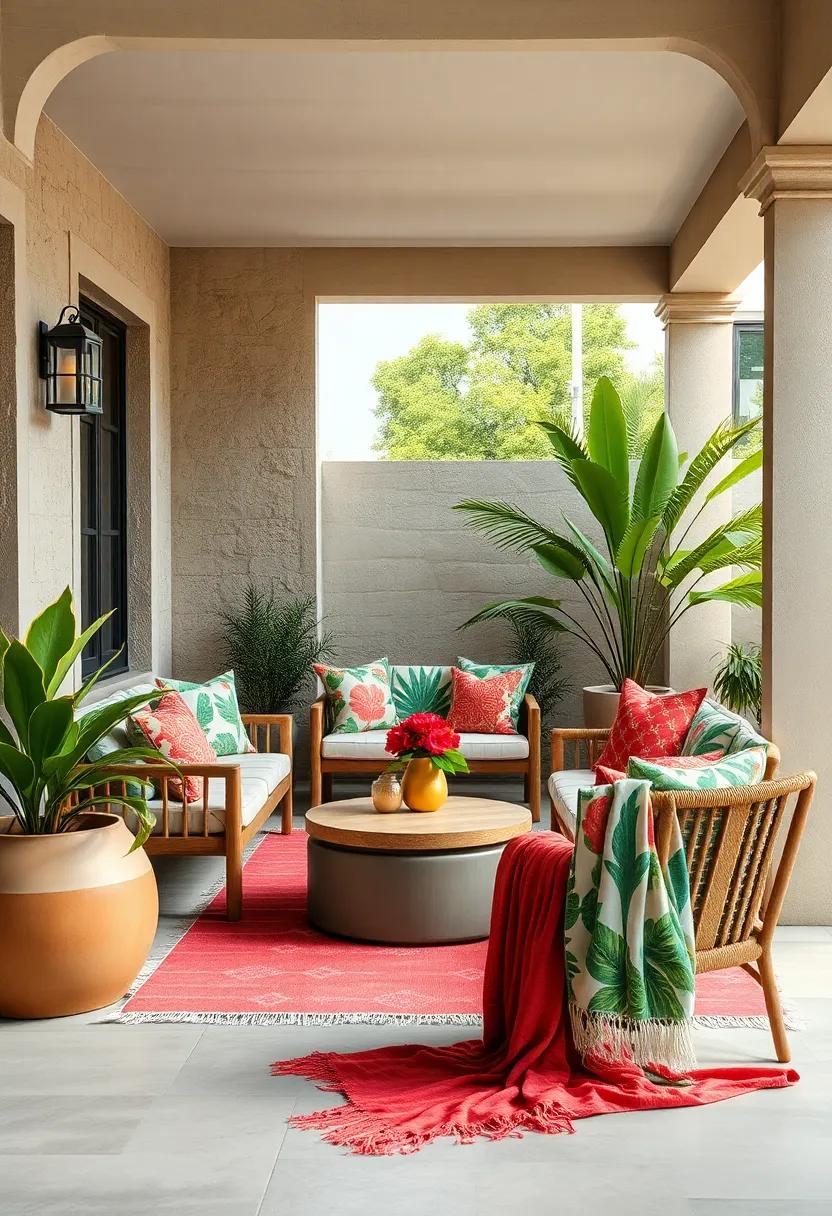 Bold Tropical Prints and Vibrant Throws Infusing Energy and Life into Neutral Outdoor Spaces