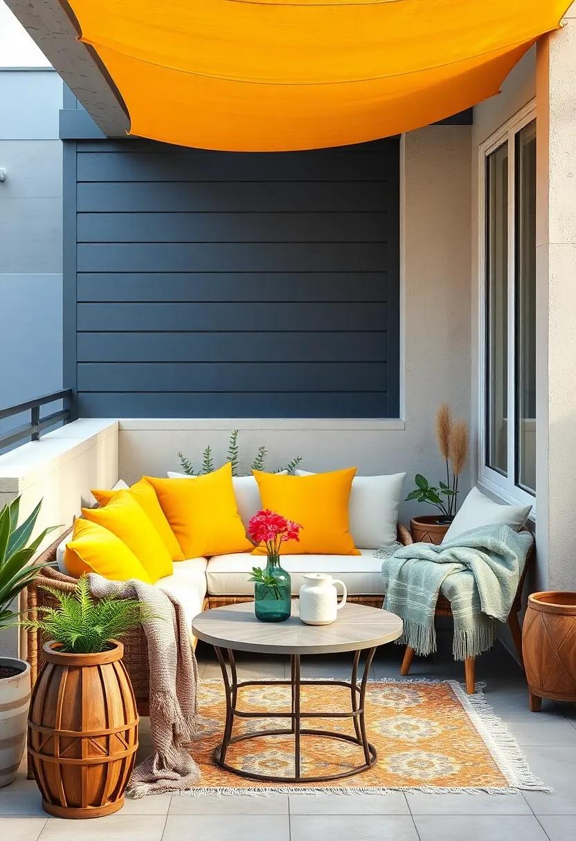 Bright Citrus Colored Cushions Accompanied by Lightweight Throws Energizing a Small Balcony Nook
