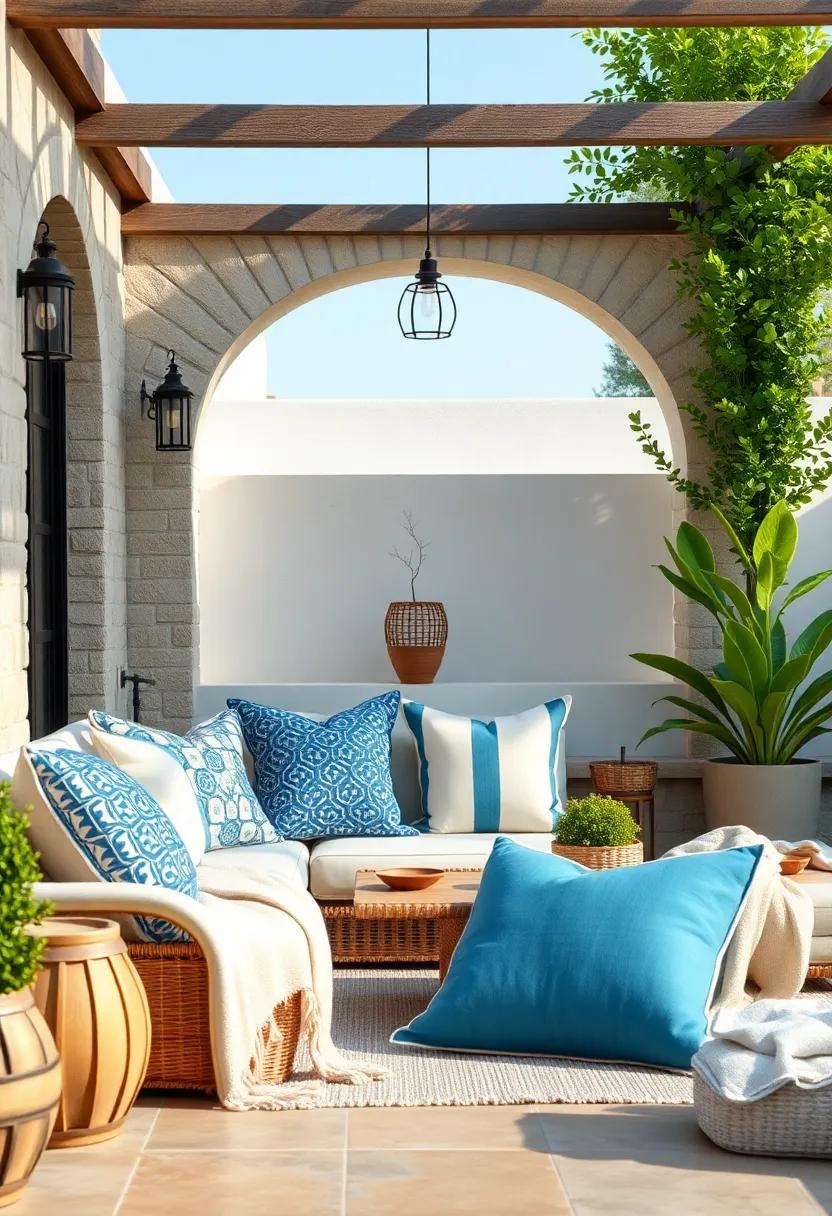 Ceramic Blue and White Cushions with Linen Throws Reflecting a Mediterranean Seaside Style