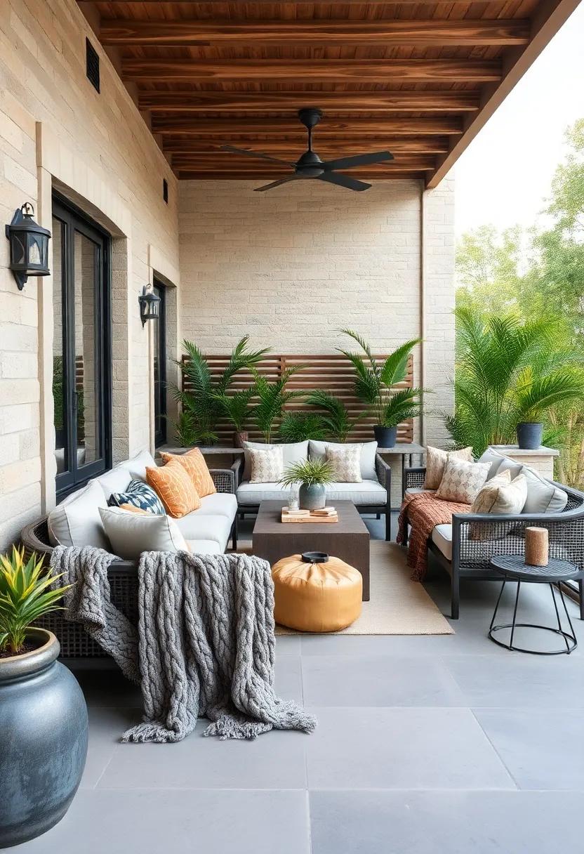 Chunky Knit Throws in Neutral Shades Adding Depth and Comfort to Modern Outdoor Sofas