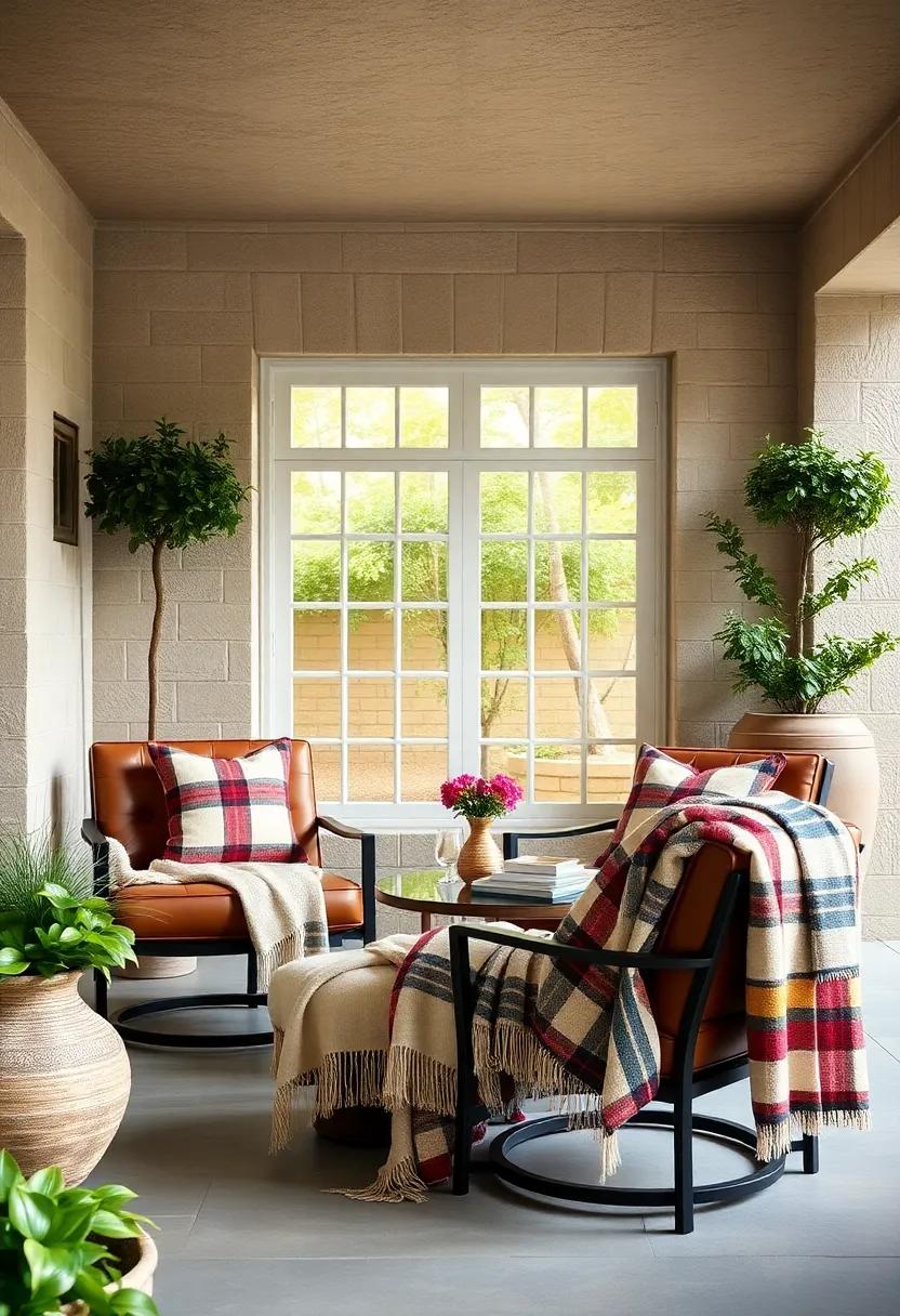 Classic Plaid Throws Overlaid on Leather Patio Chairs for Timeless Outdoor Charm