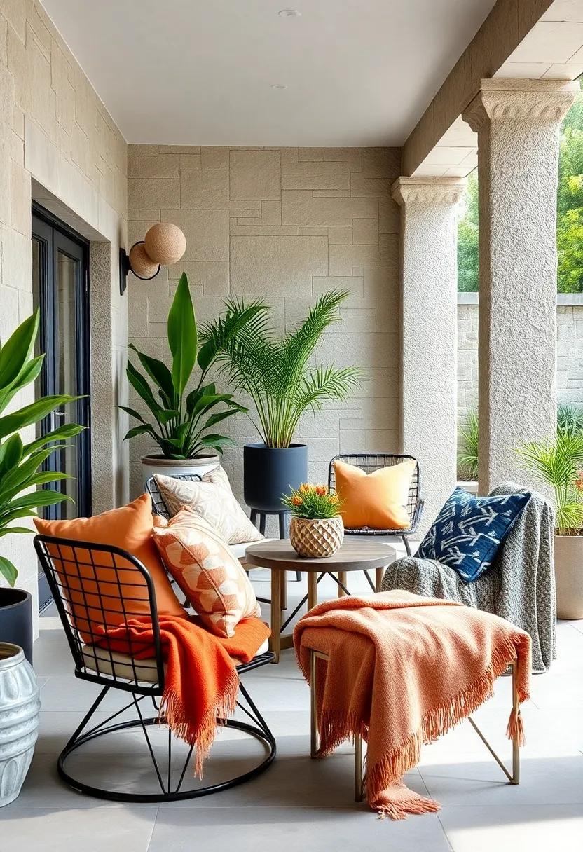 Geometric Print Cushions Layered with Solid Throws Creating Sharp Contrasts on Metal Chairs