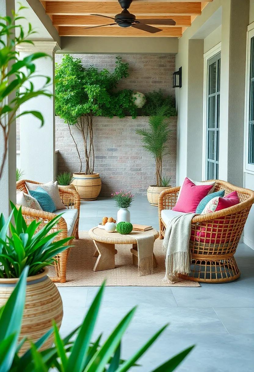 Handwoven Throws with Fringe Details Complementing Wicker Furniture and Greenery