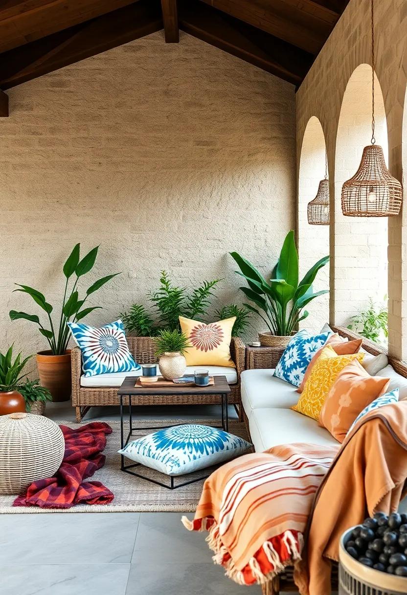 Intricate Hand-Dyed Tie-Dye Cushions Paired with Earth Tone Throws for a Vintage Festival Feeling