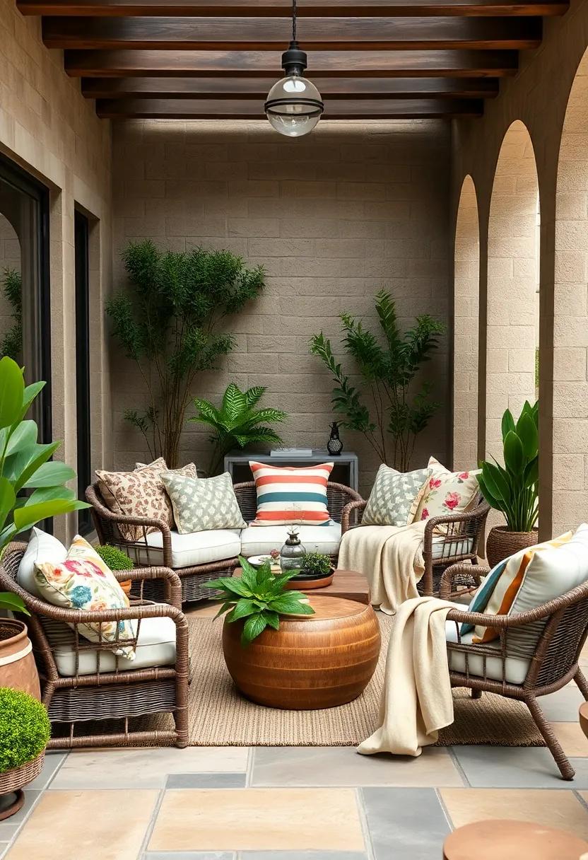 Mix and Match Floral Cushions with Striped Throws for an Eclectic, Cozy Courtyard Look