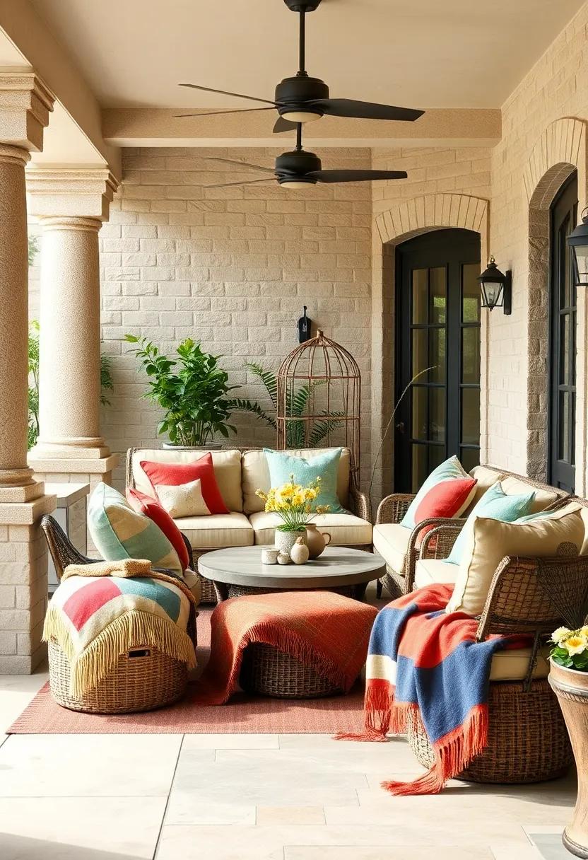 Multicolor Patchwork Throws with Coordinating Cushions Bringing Artistic Warmth to Patio Seating