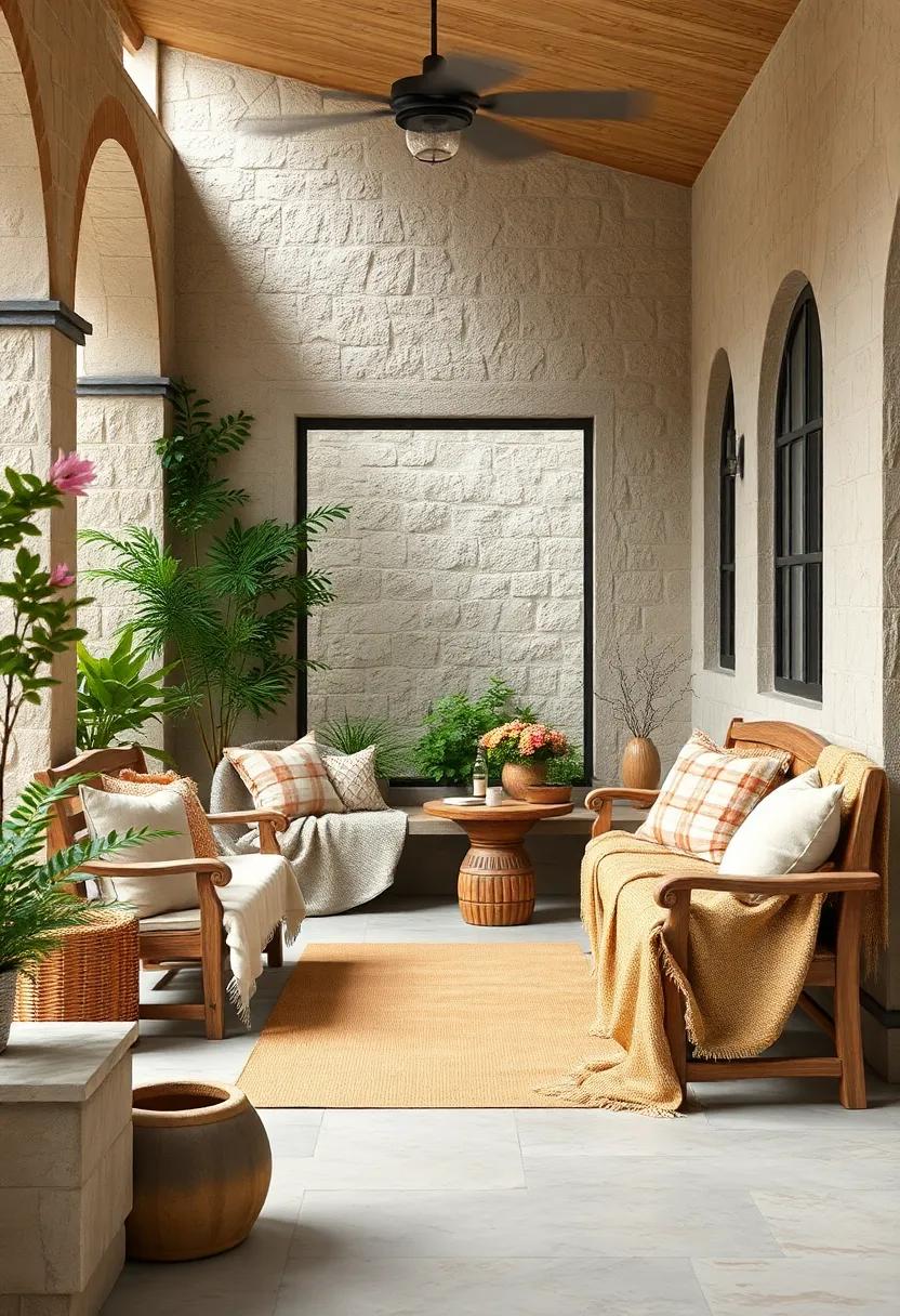 Rustic Burlap Throws Draped Over Classic Wooden Benches Creating a Welcoming Picnic Vibe