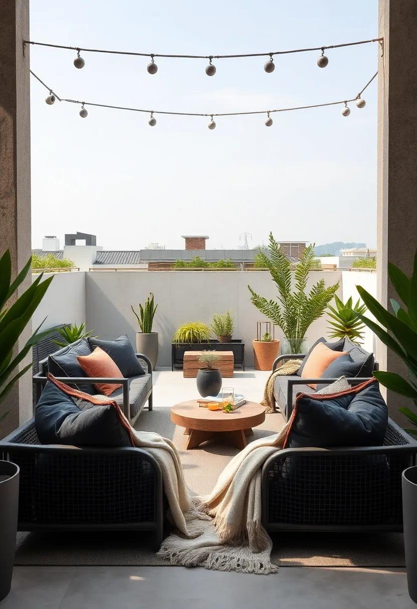 Sophisticated Charcoal Cushions Contrasted by Cream Throws Framing a Chic Rooftop Lounge