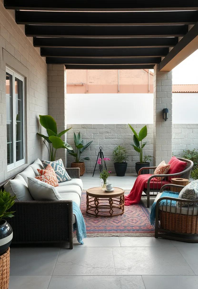 Vibrant Bohemian Patterns and Layered Textures Transforming a Minimalist Patio Lounge