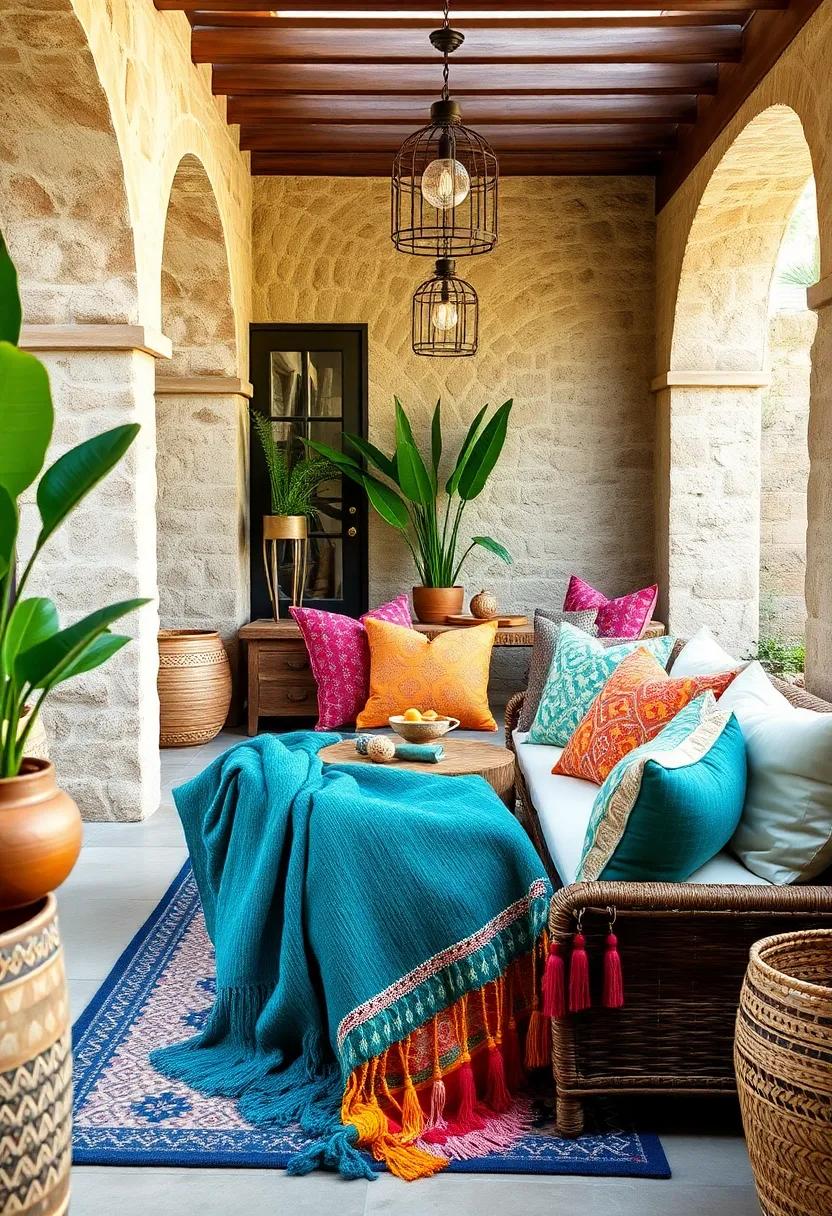 Vintage Moroccan-Inspired Cushions Paired with Colorful Tassel Throws for a Global Flair