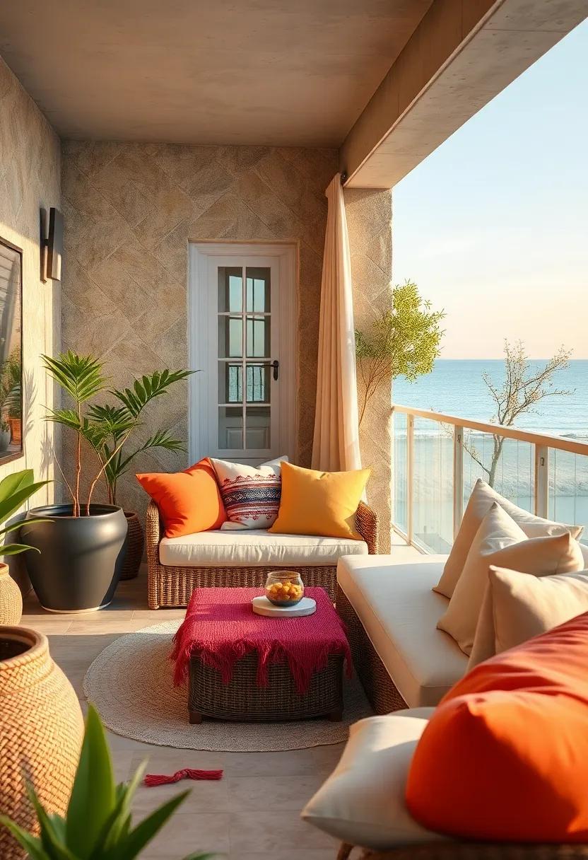 Weatherproof Cushions in Sunset Hues Enriching a Beachside Balcony's Relaxed Ambiance