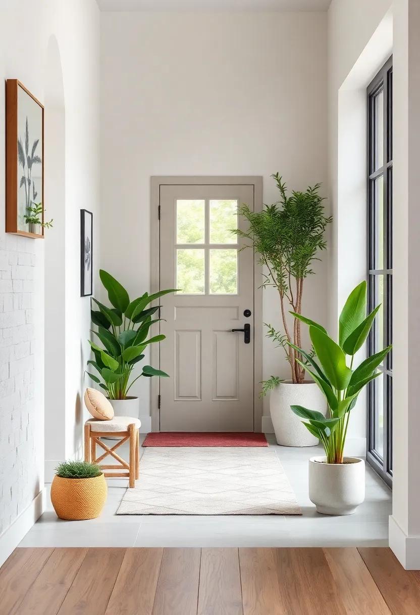 Inviting Greenery and Simple Plant Pots Adding Life and Freshness to Neutral Scandinavian Entryway Schemes
