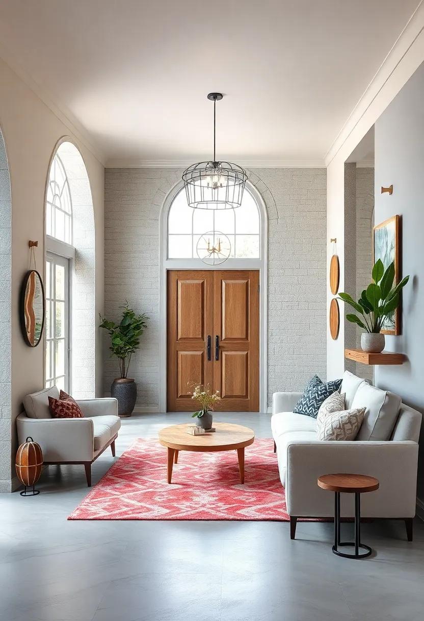 Soft Curves in Scandinavian Furniture Contrasted with Sharp Angles Creating Visual Interest in Entryway Spaces