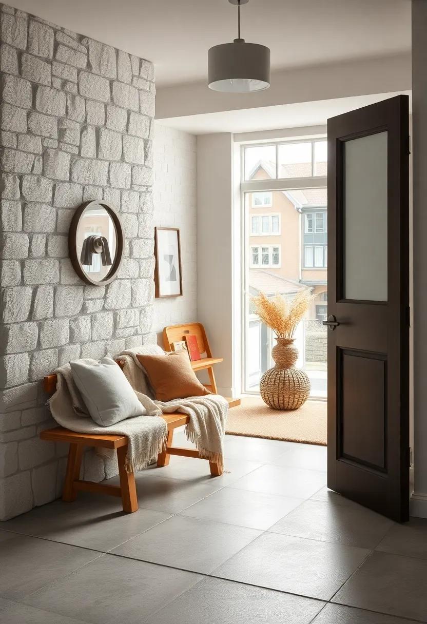 Soft Wool Throws Draped Over Simple Wooden Benches Adding a Touch of Comfort to Scandinavian Entrances